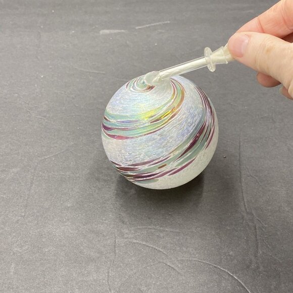 Art Glass Hand Blown Oil Lamp Round White Iridescent Green Pink Swirl w Wick - Picture 6 of 9